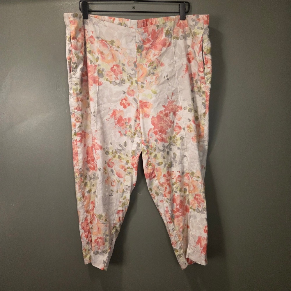 J. Jill Linen Stretch Size 2X Pull On Linen Blend Pants Floral Print w Pockets